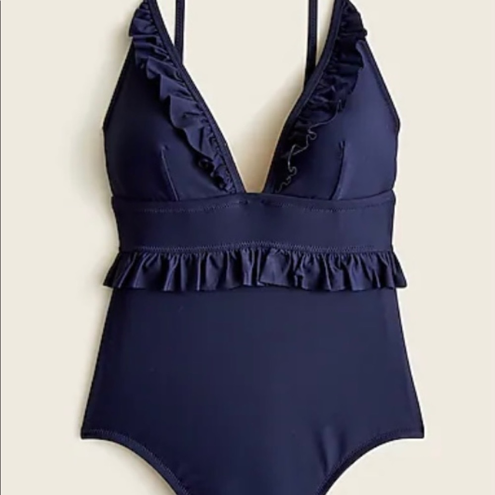 J Crew blue v neck one piece swimsuit with ruffles